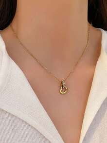 1件金色心形水钻镶嵌颈链，适合女性日常及节日佩戴 - 金黃色 - 查看 3