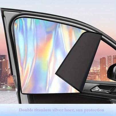 2pcs/4pcs New Laser Print Magnetic Sunshade, Titanium Silver Reflective Heat Insulation Sunshade, Car Window Sunshade, Highly Effective UV Protection, Fashionable Car Curtain, Keeping The Car Cool And Comfortable, Protecting Privacy, Simple Magnetic Installation, Suitable For All Vehicle Models, An Essential Sunshade Gadget For Car Owners In Summer!