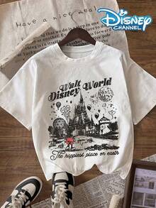 Women's Casual Cotton Round Neck Short Sleeve Disney Walt World Print T-Shirt Regular Length, Disneyland, Disney Family Vacation Trip, Summer Outfits - 白色 - 查看 1