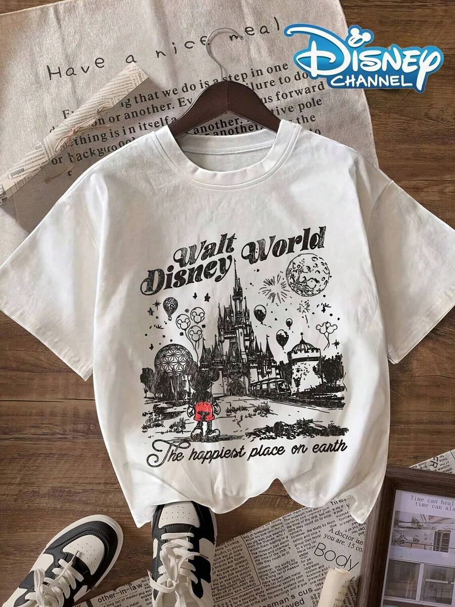 Women's Casual Cotton Round Neck Short Sleeve Disney Walt World Print T-Shirt Regular Length, Disneyland, Disney Family Vacation Trip, Summer Outfits - 白色 - 查看 1