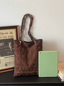 Bolso de cubo de gran capacidad con acabado mate vintage, primavera 2026 para mujeres. Bolso de hombro de moda versátil para ir y venir, elegante y retro para uso diario, perfecto para el trabajo, los viajes y los atuendos cotidianos. - Multicolor - Ver 8