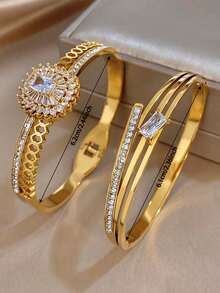 18K镀金不锈钢奢华优雅方形水钻手镯套装，女士适用，送给妈妈的礼物，适合日常佩戴、婚礼、派对、约会、海滩、沙滩饰品、母亲节礼物、情人节礼物、春季、婚礼用品、夏季配饰 - 彩色 - 查看 4