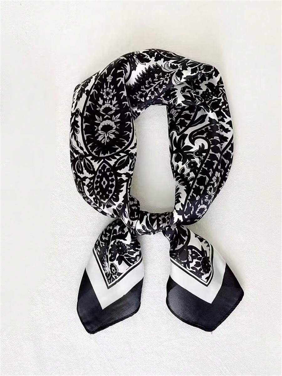 26.77英寸（68厘米）丝滑印花方巾，女士时尚透气多功能头巾/围巾配饰，1条装 - 黑色 - 查看 1