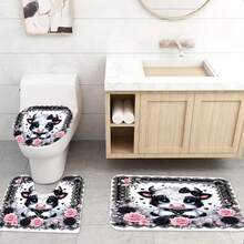 1件/4件套卡通可爱蝴蝶结小牛图案浴室浴帘套装 - A - 查看 3