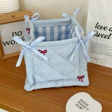 Keranjang Penyimpanan Lipat Bergaris Berlapis, Kotak Penyimpanan Meja Lipat, Tas Kosmetik Ember Pita Kapasitas Besar untuk Rumah, Dekorasi Ruangan - Baby Blue - View 19