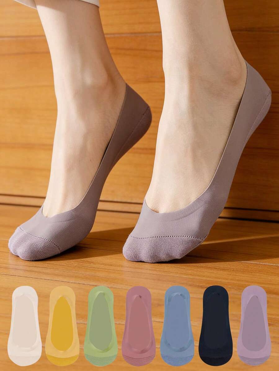 chuanwa（2） 1/5/10 Pairs Women's Summer Thin Comfortable Silicone Non-Slip Seamless Ice Silk Anti-Pilling Solid Color Boat Socks