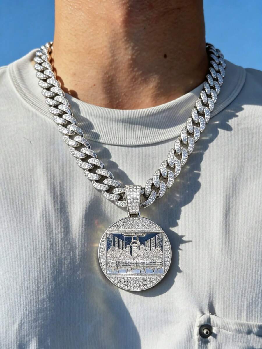 两件套男士镀金“最后的晚餐”吊坠项链，耶稣与门徒，镶嵌立方氧化锆，嘻哈风格首饰，独特礼品之选 - 最後的晚餐吊墜項鍊 - 查看 1