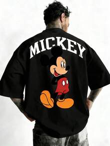 Disney Official Licensed Mickey Mouse Classic Big Letter Retro Print 220g Cotton Crew Neck Unisex Tee - Black - View 1
