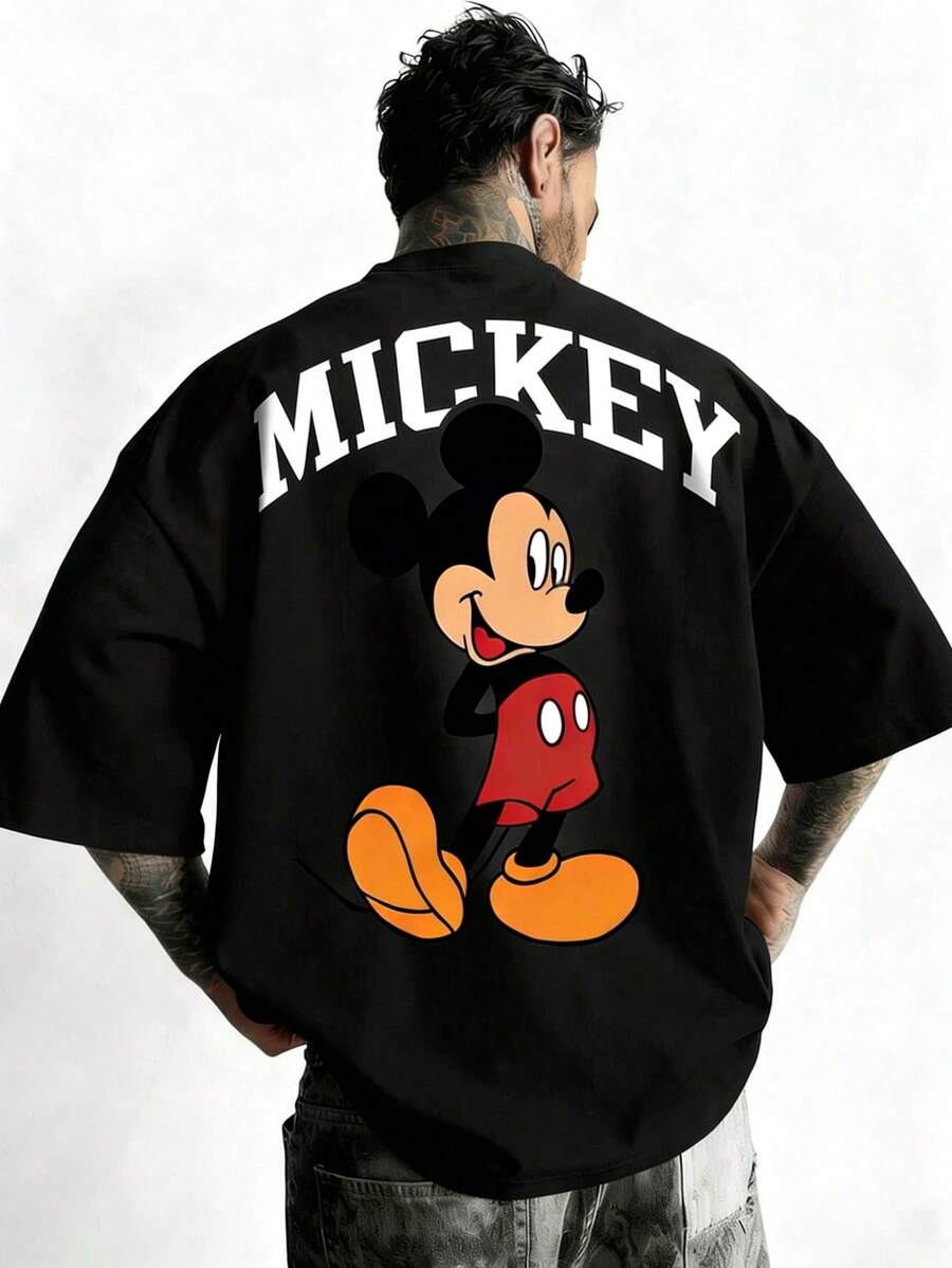 Disney Official Licensed Mickey Mouse Classic Big Letter Retro Print 220g Cotton Crew Neck Unisex Tee - Black - View 1