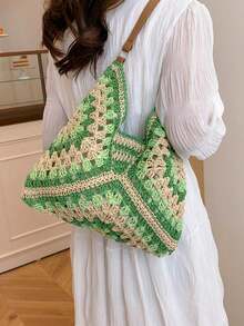 Dedoo Túi xách cỡ lớn dệt thủ công kiểu bà ngoại kẻ caro dành cho phụ nữ - màu xanh lá - Xem 9
