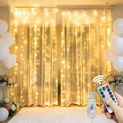 1条USB供电LED窗帘灯串，装饰灯串，适用于婚礼背景、卧室，带遥控器，8种灯光模式，是求婚、生日、周年纪念、婚礼庆典的理想之选。