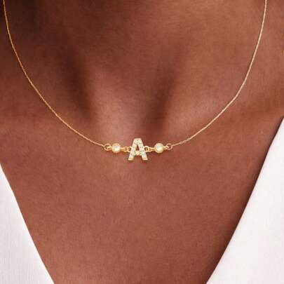 1 pieza Collar con colgante redondo de cristal artificial con inicial simple, cadena de acero inoxidable dorado para mujeres