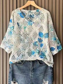 女士镂空花卉图案针织毛衣，春夏款 - 藍色 - 查看 1