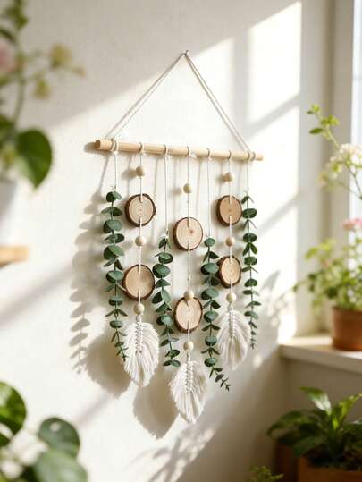 1件波西米亚风叶子墙饰，植物编织风格挂毯，绿叶花环，乡村农舍美学墙面艺术，中性自然风格装饰挂件，斯堪的纳维亚波西米亚家居装饰，适用于客厅、卧室、玄关、走廊、餐厅、公寓、宿舍、工作室室内墙面装饰，波西米亚风格房间装饰，温馨家居点缀，自然灵感室内装饰，装饰性墙面挂饰