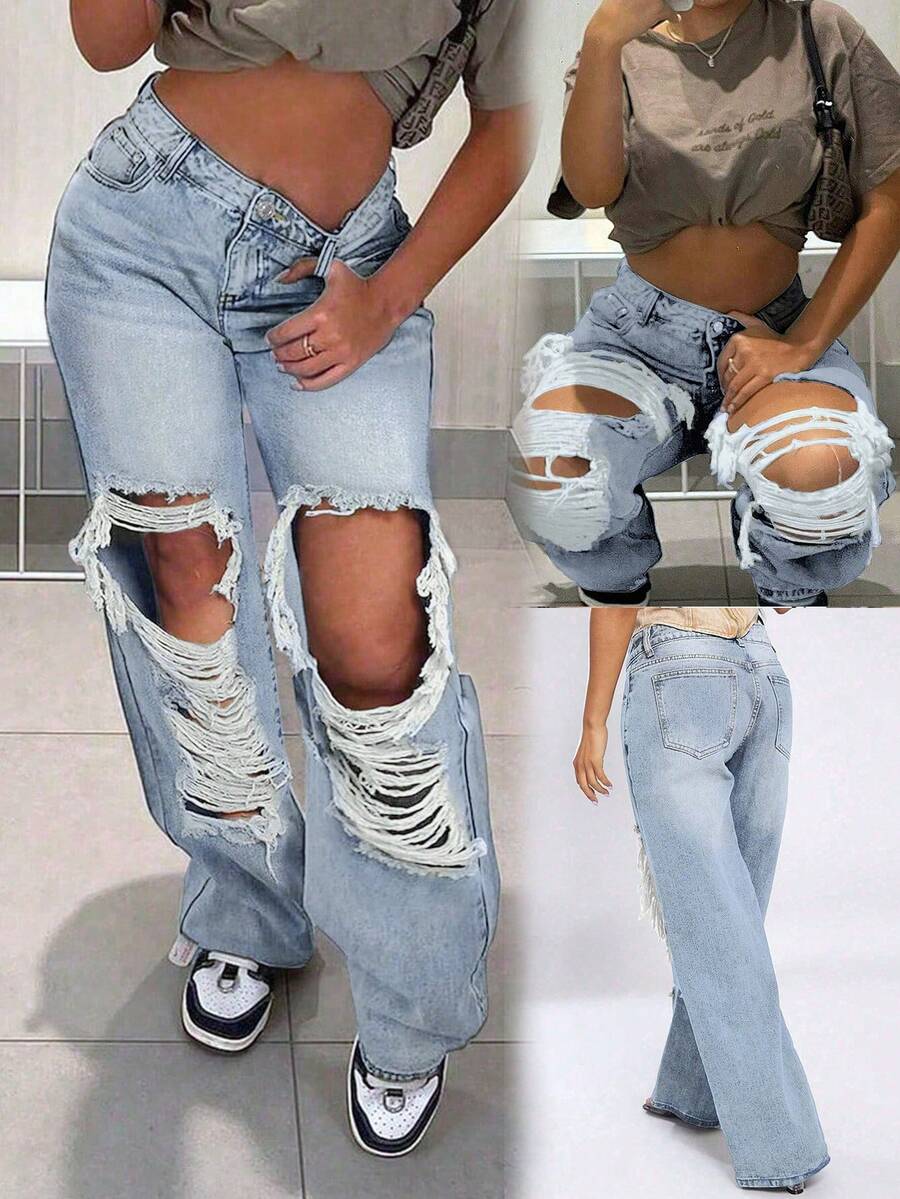 Quần jeans nữ dáng ngắn, thanh lịch, phong cách đường phố, sang trọng, năng động, trẻ trung, gợi cảm, rách rưới, kiểu retro, ống thẳng, dáng rộng, đã giặt, dành cho người nhỏ nhắn, mùa xuân. - Màu xanh chiên nhạt - Xem 1