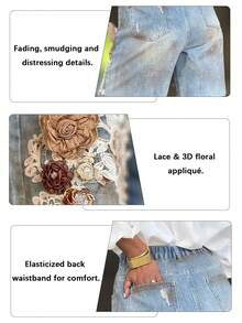 GLOURI Women's Light Blue Denim Distressed Shorts - 3D Lace Flower Embellishments & Ripped Fringe Hem | Sweet-Edgy Mix Style For Brunch Dates, Daily Hangouts & Casual Meetups (Denim Comfortable & Decorative Chic Detail) For Effortless Date-Ready & Daily Sty - 藍色 - 查看 4
