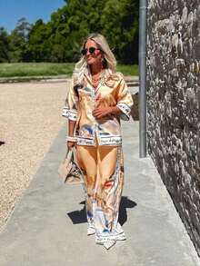 2pcs Set: City Print Shirt With Decorative Trim & Wide Leg Pants, Fashion Style - trái cam - Xem 4