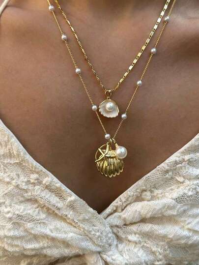 2pcs/Set Beachy Metal Starfish, Pearl & Shell Necklace Jewelry Set, Resort Style