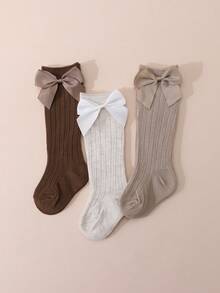 3 Pairs Baby Girls' Sweet Cute Bow Decor Ribbed Knee High Socks - Multicolor - View 5