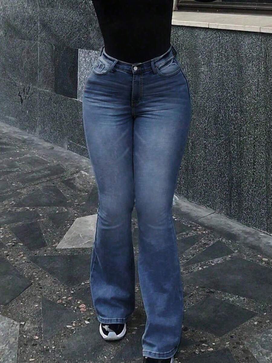Jeans elásticos de tiro alto con efecto desgastado y acampanados, de uso casual para primavera - Azul lavado oscuro - Ver 1