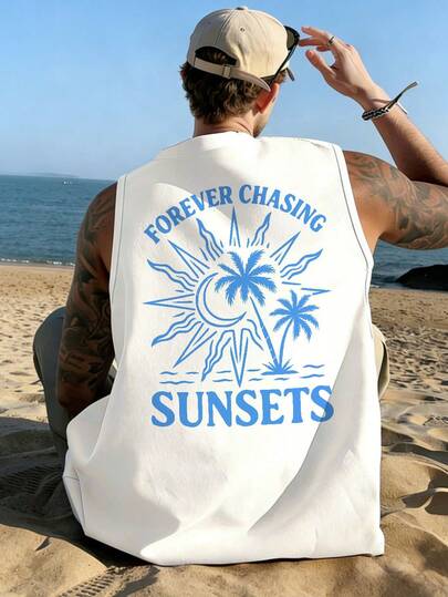  Fractyr Men's Fashion Casual Sports Fitness Street Style Sleeveless T-Shirt Vest | English Element Print | Exquisite Design | Spring/Summer Must-Have Item | Simple Basic Style For Travel/Vacation | Retro Style, Versatile And Easy To Wear, Cotton Feel | The Best Gift For Friends | Showcase Your Unique Personality