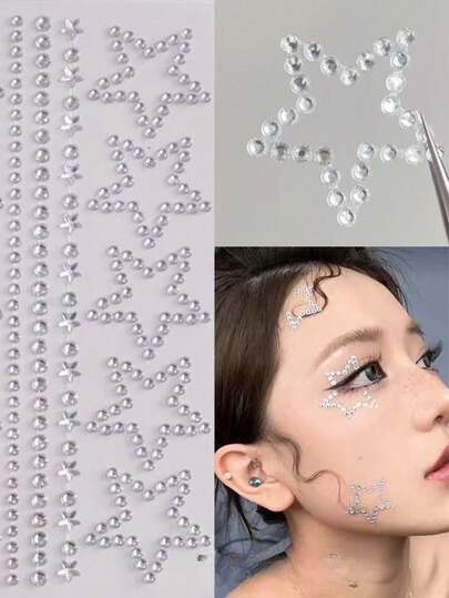 2片镂空星形水钻脸贴，五角星眼妆配饰，自粘闪光钻石，适用于音乐节、圣诞节、派对装扮