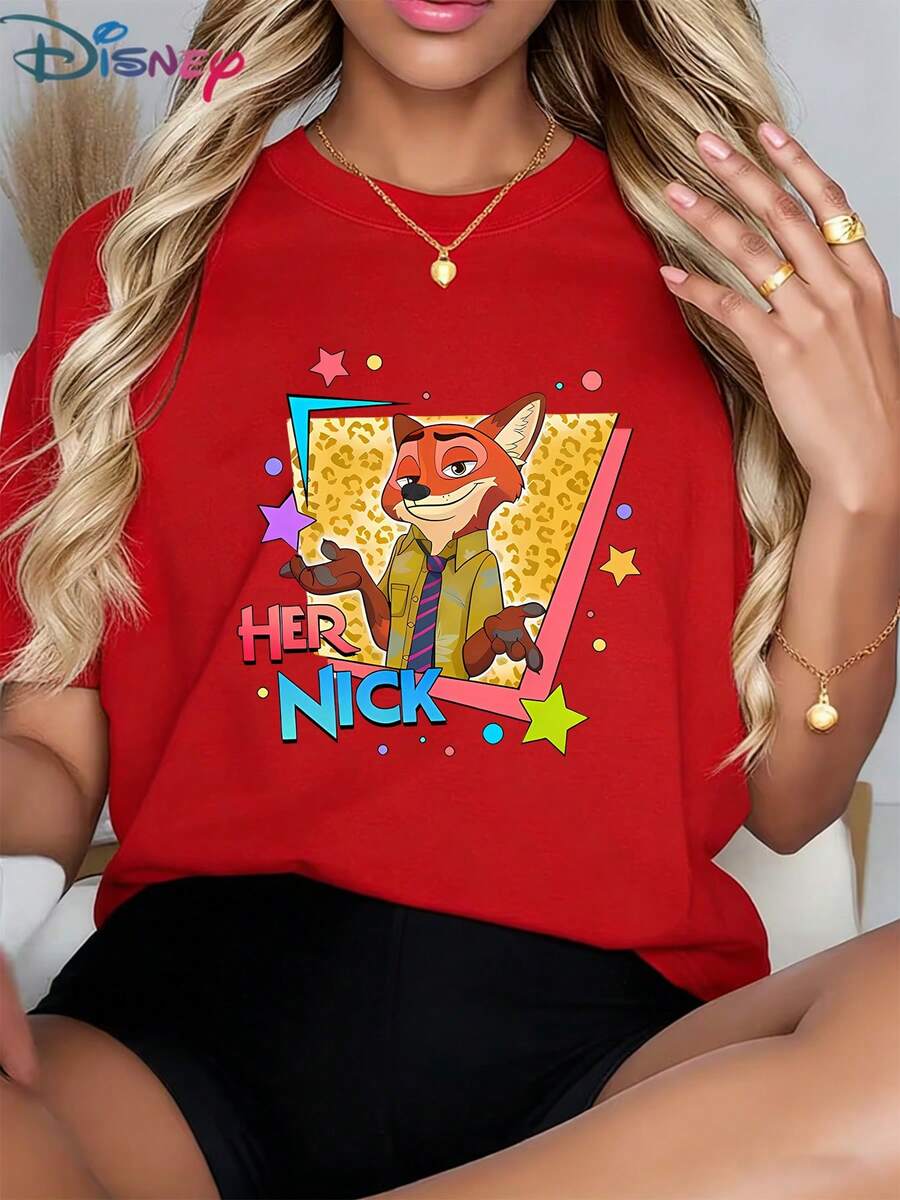 Casual Women's Disney Graphic T-Shirt, Featuring Nick Wilde "Her Nick" Design (Red Fun Print) - Versatile For Dates, Hangouts & Casual Outings, Popular Women's Cartoon TeeMade From Soft, Comfortable, And Durable Pure Cotton, This Is An Ideal Choice For Spring And Summer. This Crew Neck T-Shirt Is Suitable For Various Occasions, Including Everyday Wear, Shopping, Parties, Travel, And Gatherings, And Also Makes A Thoughtful Gift. - 紅色 - 查看 1