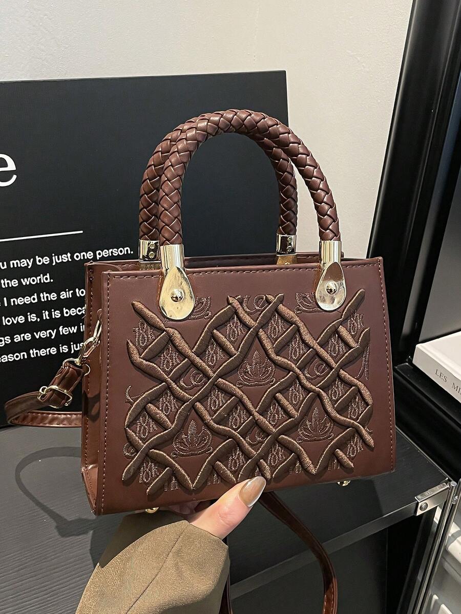 1个女士纯色压纹缝线时尚石纹手提包/单肩包,拉链封口。优雅女士托特包,休闲包,可装钱包、化妆品、手机、零钱包。适合夏季海滩、购物、摄影等场合。也是送给女友或母亲的绝佳礼物。 - 咖啡 - 查看 1