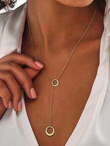 1pc 18K Gold Plated Stainless Steel Elegant Lariat Necklace, Delicate Gold Circle And Bar Lariat Necklace, Chic Y-Shaped Necklace, Modern Circle Design Necklace, Minimalist Style Women's Gift, Fashion Jewelry Gift For Her - Gold - View 3
