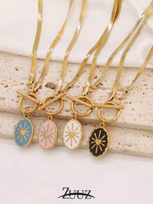 1对朋克风不锈钢项链，女士镀金珐琅粉色、黑色、白色、蓝色几何椭圆太阳吊坠项链，适合女性日常佩戴 - 項鍊 - 查看 3