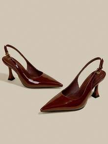 女士高跟鞋，酒红色漆皮，细高跟，尖头，包头，优雅正式时尚搭扣派对礼服鞋，办公室搭扣踝带高跟鞋 - 酒紅色 - 查看 3