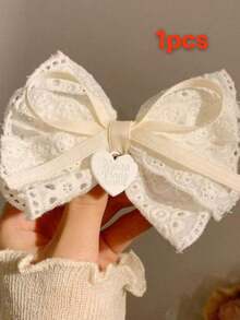 1件/2件套白色茶蕾丝白色蝴蝶结发夹，侧夹洛丽塔鸭子夹发饰 - 米色 - 查看 5