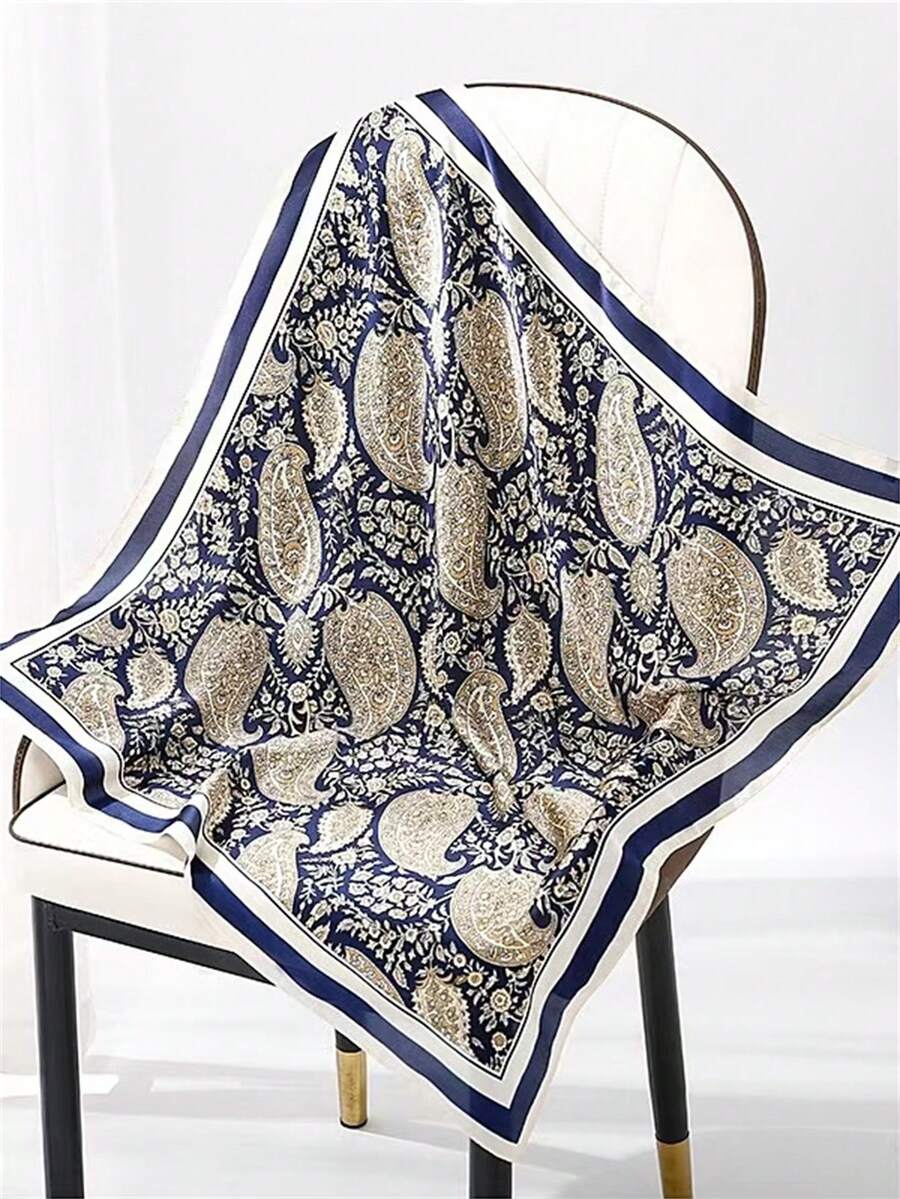 1条70*70厘米方形真丝围巾，女士缎面印花头巾，颈巾，发带，时尚女士披肩，围巾 - 彩色 - 查看 1