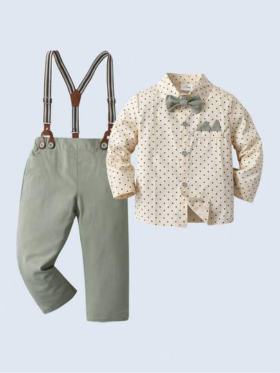 BOARNSEORL 2 件套男婴绅士服装套装 - 长袖领衬衫配蝴蝶结和绿色吊带裤，时尚适合生日派对、婚礼、正式场合