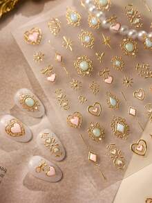 1片优雅高贵5D美甲贴纸 复古闪亮仿宝石美甲贴纸 宫廷风爱心星自粘美甲贴纸 - 彩色 - 查看 4