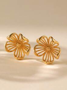 1 par de pendientes de flor hueca elegantes, minimalistas y versátiles, adecuados para el uso diario y festivo de las mujeres - Dorado - Ver 4