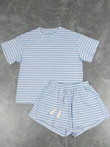 2pcs/Set Striped Casual Short Sleeve-Shirt And Tassel Shorts, Suitable Beach, Sports, Home, Street, All Seasons Summer - Blue - View 8