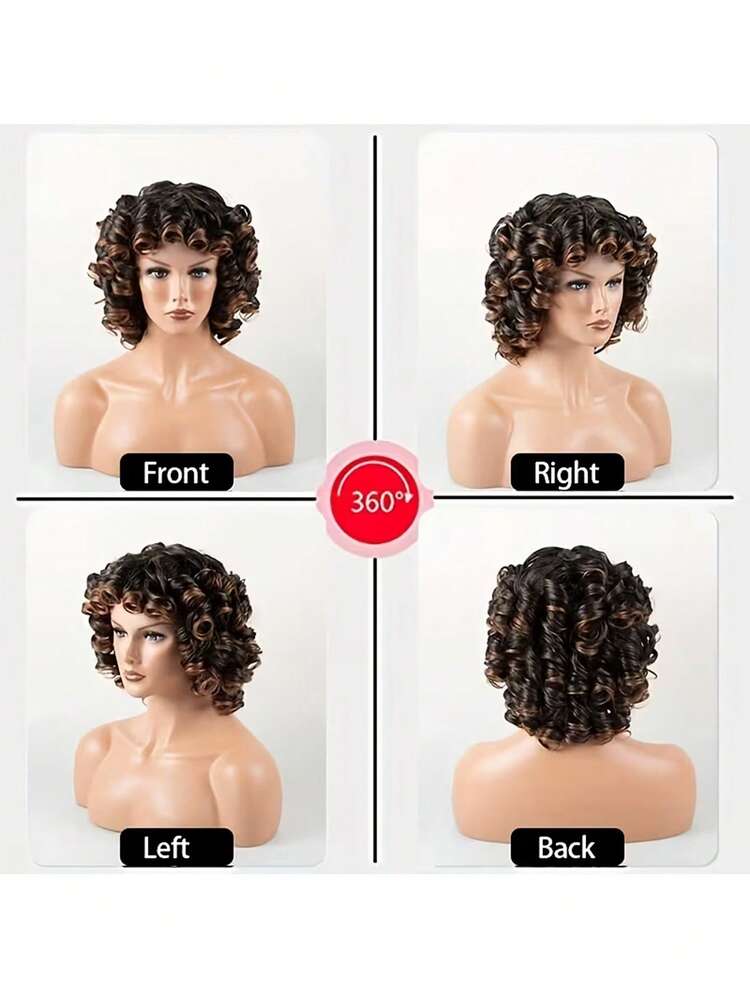 Short Hair Afro Kinky Curly Wigs With Bangs For Women Fluffy Synthetic African Ombre Glueless Cosplay Natural Brown Wigs 12-Inch Soft Curly Wig For Women Featuring Bangs, Crafted From High-Quality Synthetic Fibers In A Dark Brown Mix, Perfect For Everyday Use And Special Occasions Short Afro Wig With Bangs For Kinky Curly Synthetic Hair Wig Ombre 2-Tone Black/Brown Highlights, Natural Volume & Daily Wear Hair Replacement Wigs - Brown Highlight - View 5