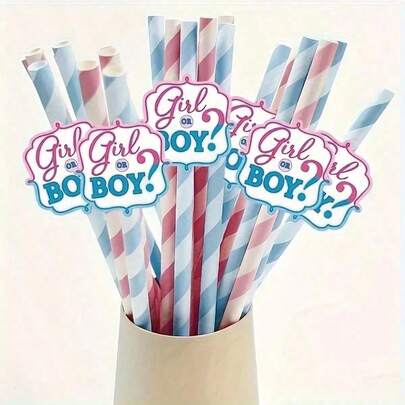 12pcs Gender Reveal Paper Straws With Stickers, Creative Decorative Birthday Party Supplies For Boy Or Girl