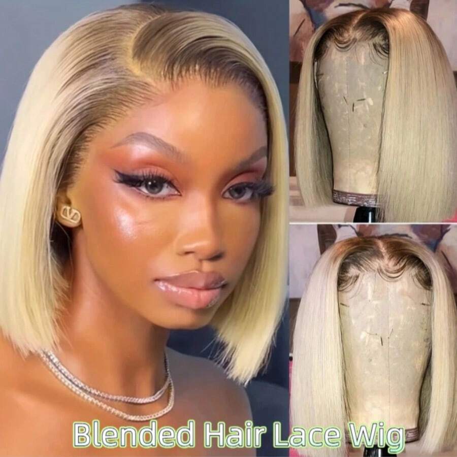 Mscathy Unisex-Adult Short Bob Wig 180% Density HD 5x5 Lace Closure Brazilian Remy Human Hair - Preplucked Straight Hair With Dark Roots, Glueless Ombre, Vacation Style