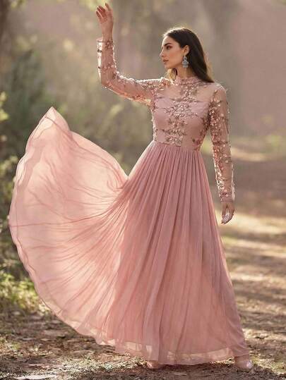 Elegant Women Long Sleeve Stand Collar Flare Dress, Decorated With Contrast Mesh And Appliques, Formal Evening Gown, Party, Wedding Dress, Soft And Comfortable For Multiple Occasions In Summer