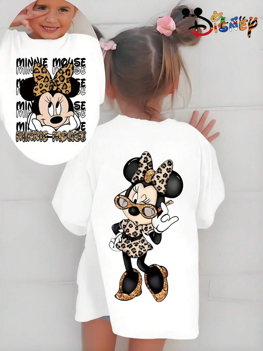 Officially Licensed Disney Cute Minnie Mouse Leopard Outfit Graphic Girls Adorable T Shirt Comfortable Versatile For Playdates And Family Outings - 白色 - 查看 1
