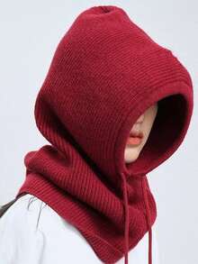 1pc Women's Fashion Knitted Hooded Neck Warmer, Drawstring Balaclava Hat, Versatile For Commuting - Beige - View 10