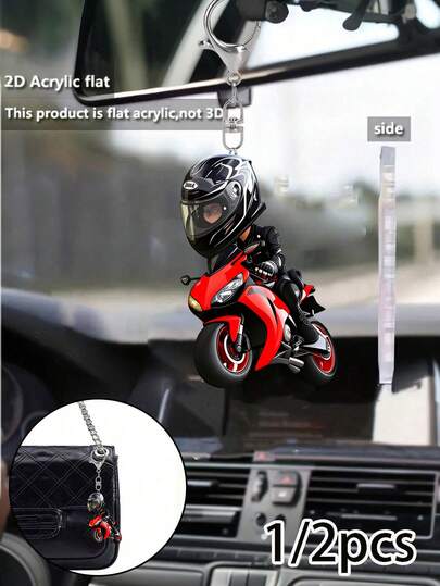 Llavero acrílico 2D, llavero plano de motociclista, colgante de bolso, diseño de motocicleta roja de acrilico con anillo de metal duradero, accesorio ligero para llavero, mochila, bolso, decoración de llaves de coche, adecuado para amantes de las motocicletas, moteros, hombres y mujeres, regalo ideal para amigos, novio, papá, entusiastas de las motocicletas, regalo de San Valentín, Día del Padre, Navidad, Halloween, Pascua