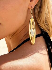 1 Pair Retro Minimalist Metal Smooth Oval Shaped Long Earrings, Suitable For Summer Beach, Party, Casual Daily Wear - Yellow Gold - View 2