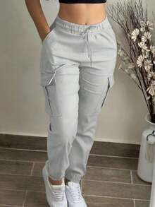 Women's Fashion Elegant Solid Color Casual Pocket Elastic Waist Drawstring Cargo Pants - Hồng 25 - Xem 7