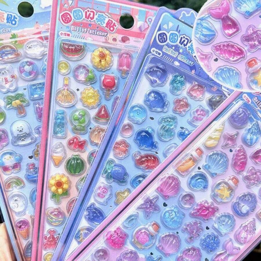 3D立体浮雕水晶贴纸套装:海洋/糖果主题可爱彩色装饰贴纸 - 适用于日记本、手机壳、DIY手工,以及特别的极光水晶贴纸。是学习用品、婚礼和母亲节礼物的理想之选(颜色随机)。 - 彩色 - 查看 1
