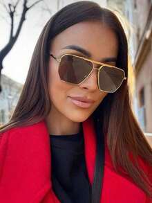 1pc Y2K Futuristic Square Double Bridge Personalized Fashion Glasses, Versatile Back To School Fashion - 棕色 - 查看 3