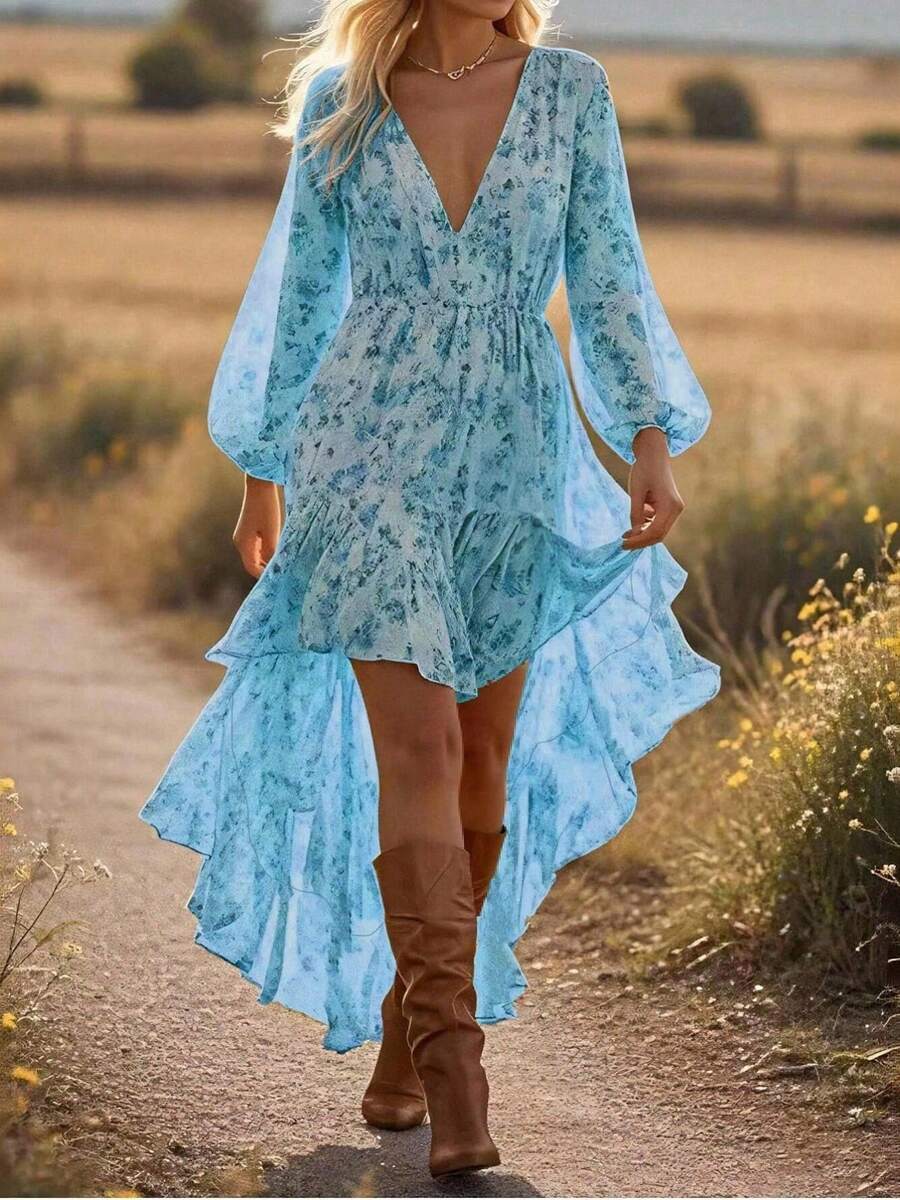 Women's Vintage Blue Ruffle Hem Dress - Long Sleeves V-Neck, Asymmetrical Detailing, Bohemian Dress Casual To Dressy, Bohemian Style, Bohemian Dress | Vintage Style Dress, Women's Evening Maxi Dress For Party, Dance, Concert, Holiday, Fashionable And Elegant Western Style - 淺藍色 - 查看 1