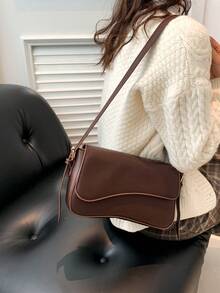 纯色PU时尚新款腋下包女士单肩包百搭时尚包 - 咖啡 - 查看 2